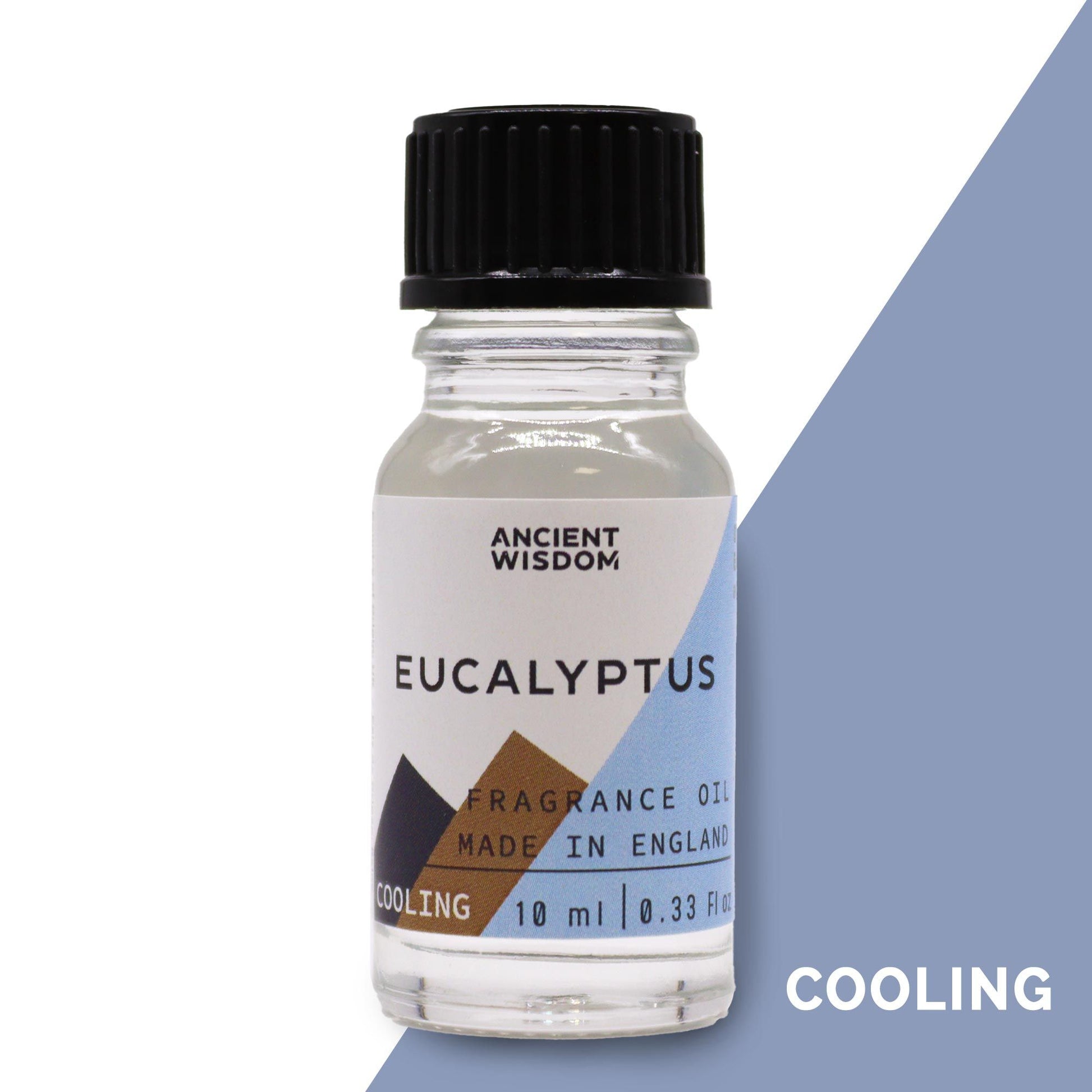 Small 10ml amber glass bottle of eucalyptus fragrance oil with a black dropper cap and a minimalist white label.