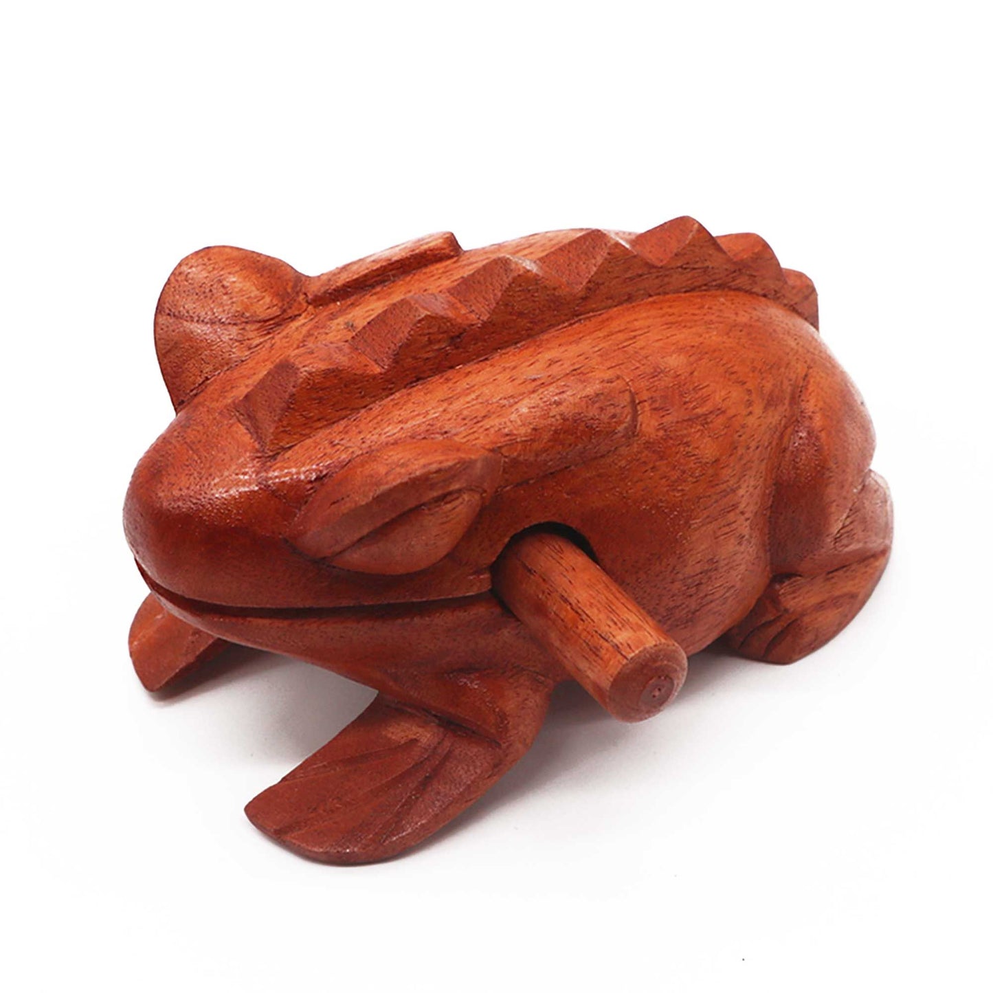 Large hand-carved wooden percussion frog with a wooden stick for creating a realistic croaking sound.