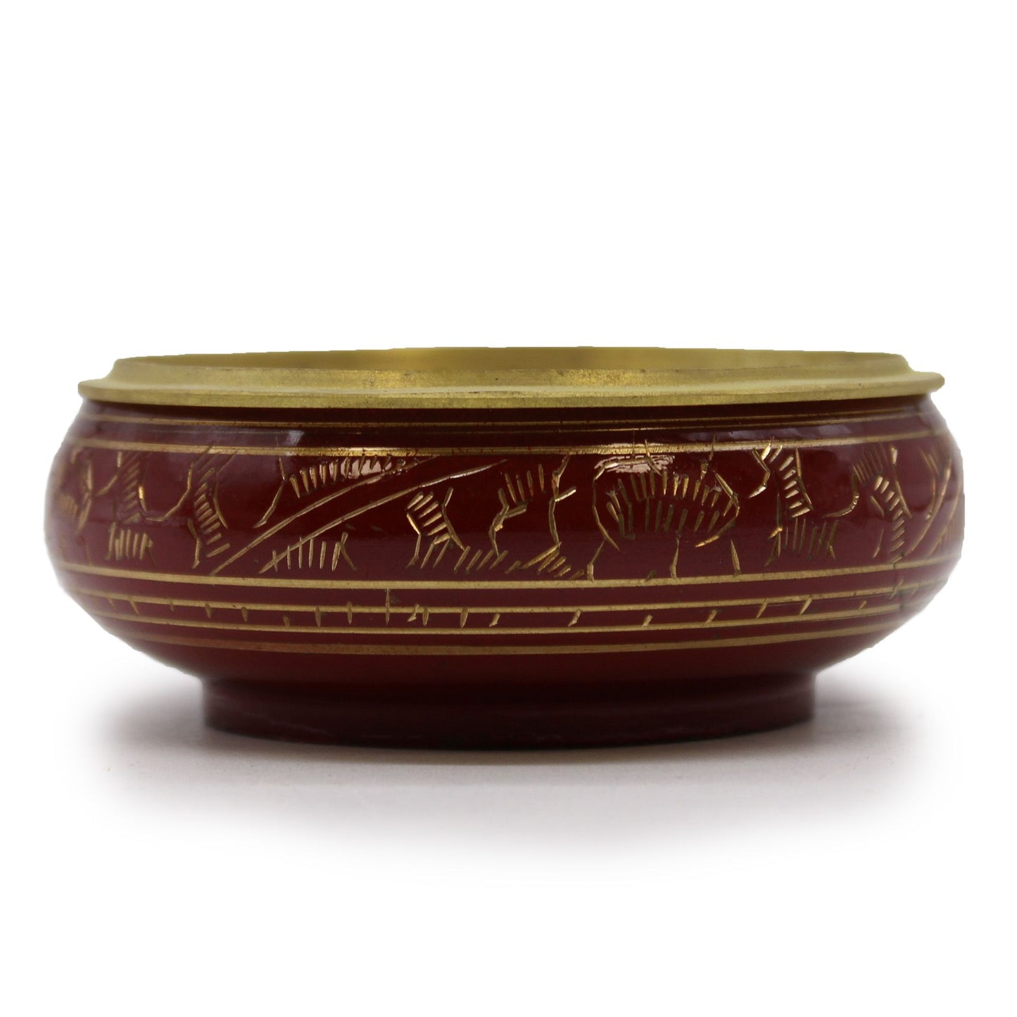 Handmade burgundy charcoal incense jar with gold patterns and a removable metal grate for resin and charcoal.