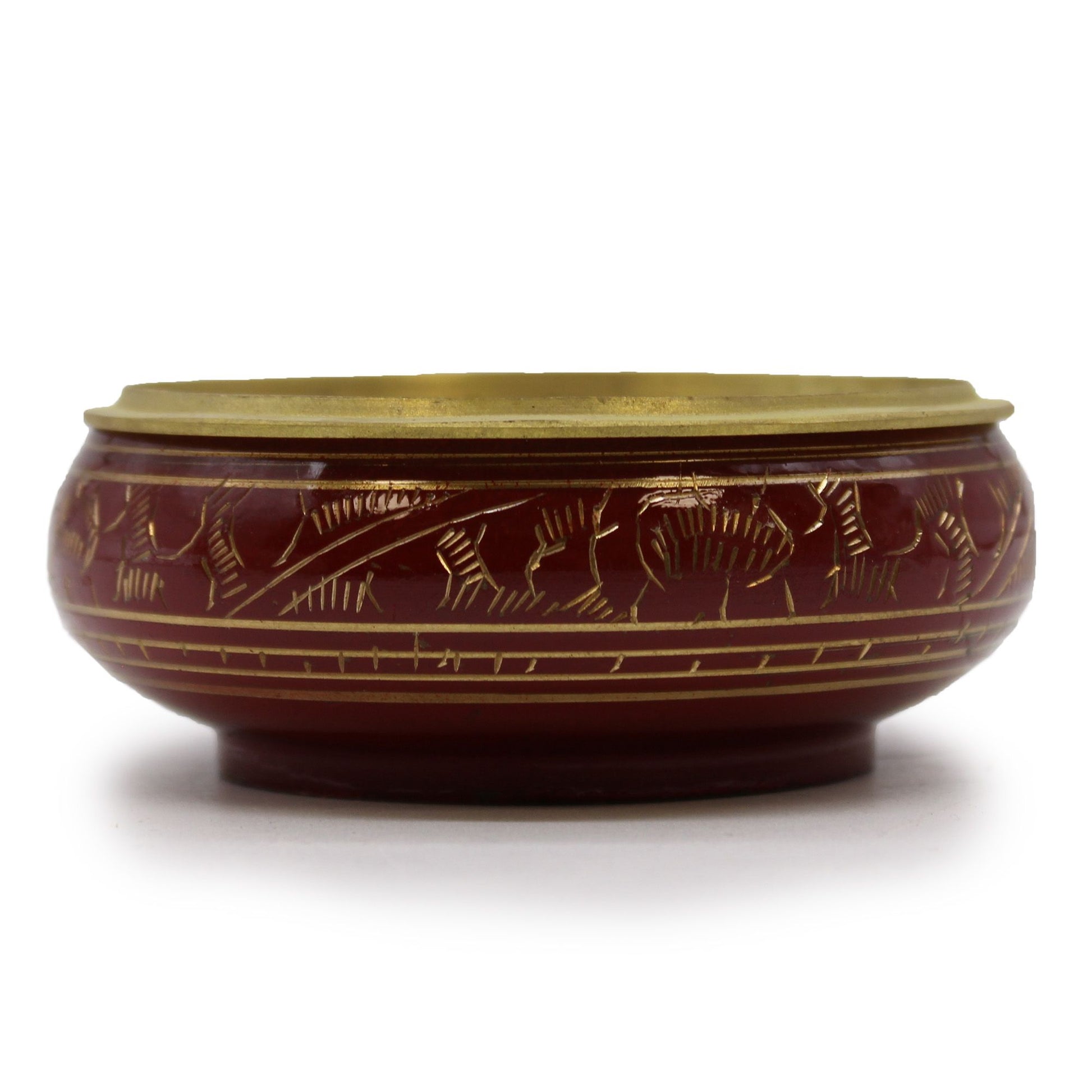 Handmade burgundy charcoal incense jar with gold patterns and a removable metal grate for resin and charcoal.