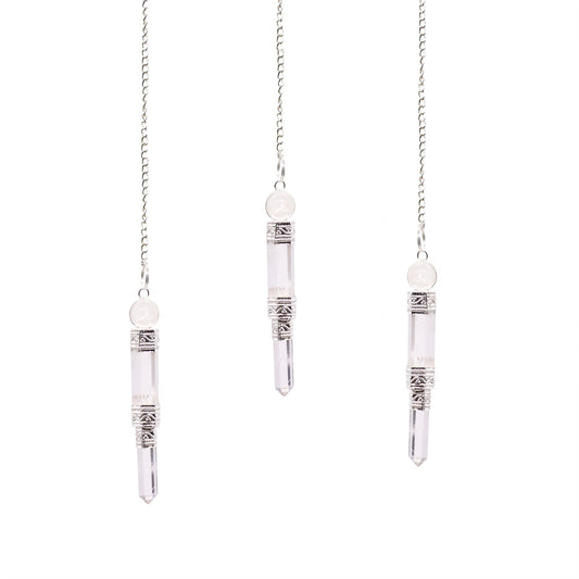 Clear rock quartz crystal pendulum with a silver chain and small gemstone bead at the top.