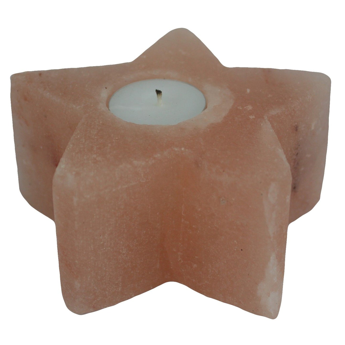 Star-shaped pink Himalayan salt candle holder showing natural crystal textures and glowing warmth.