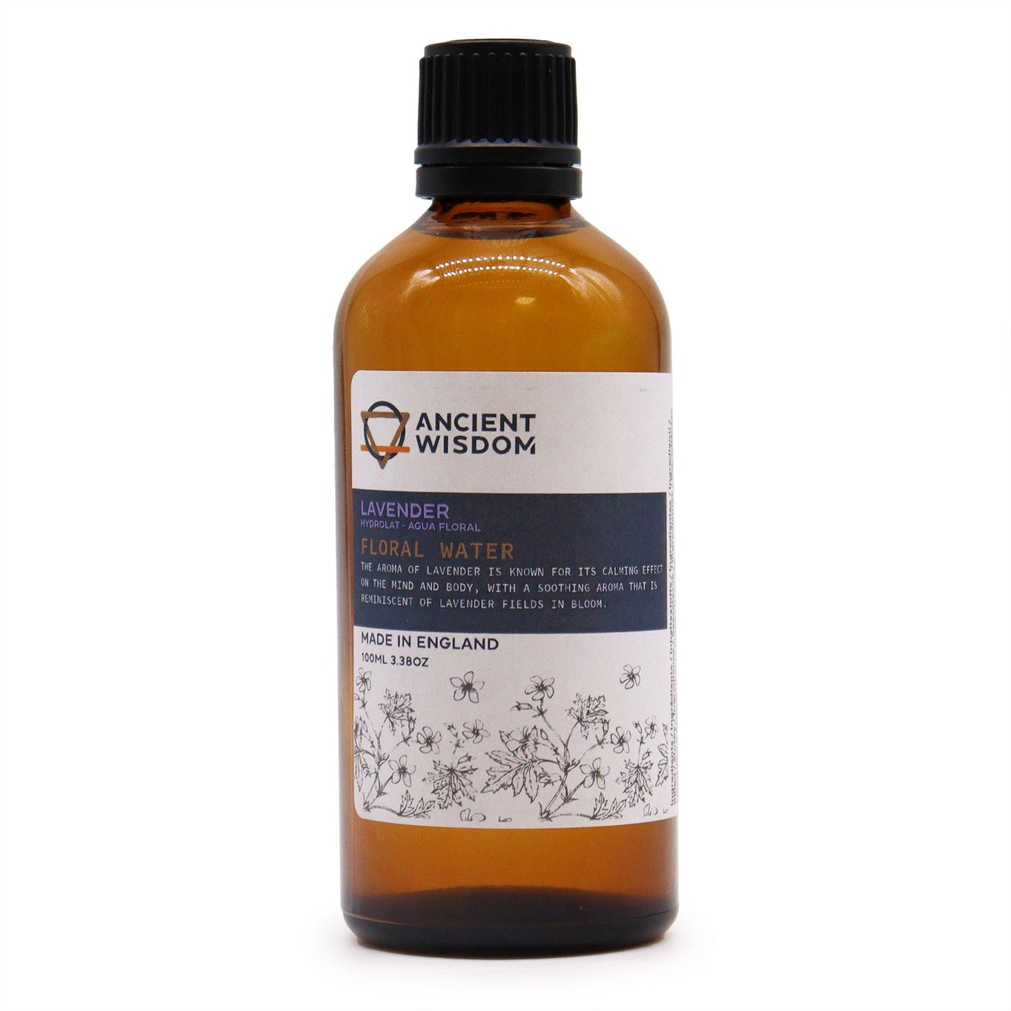 Clear bottle of lavender floral water hydrolat for natural skincare and aromatherapy.