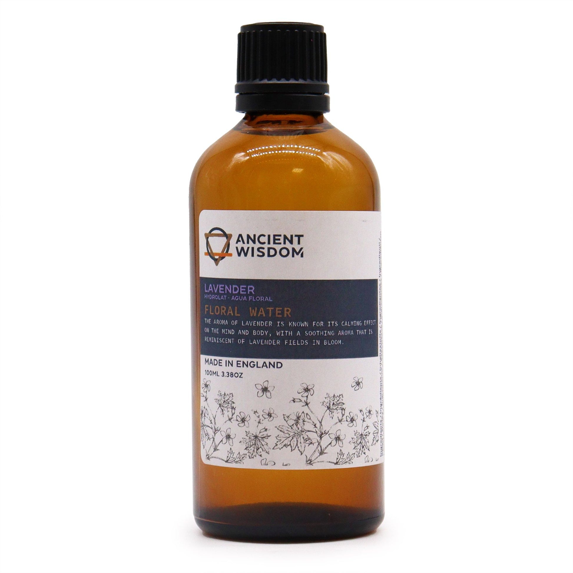 Clear bottle of lavender floral water hydrolat for natural skincare and aromatherapy.