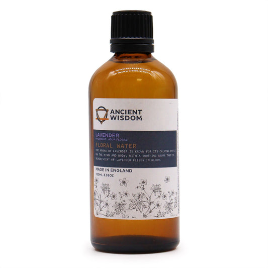 Clear bottle of lavender floral water hydrolat for natural skincare and aromatherapy.
