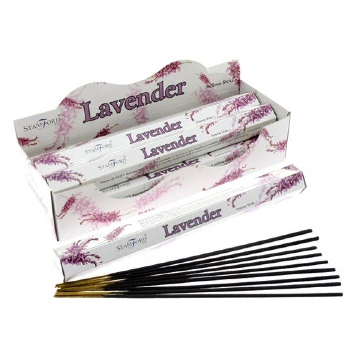 A pack of premium lavender incense sticks in a hexagonal box with purple floral details.