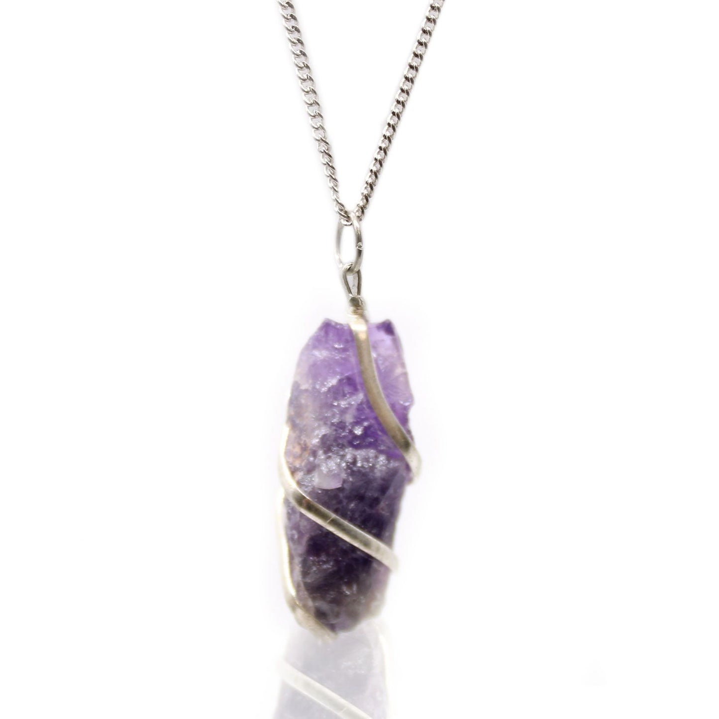 Raw unpolished purple amethyst stone pendant cascade wrapped in silver-tone wire on a delicate chain.
