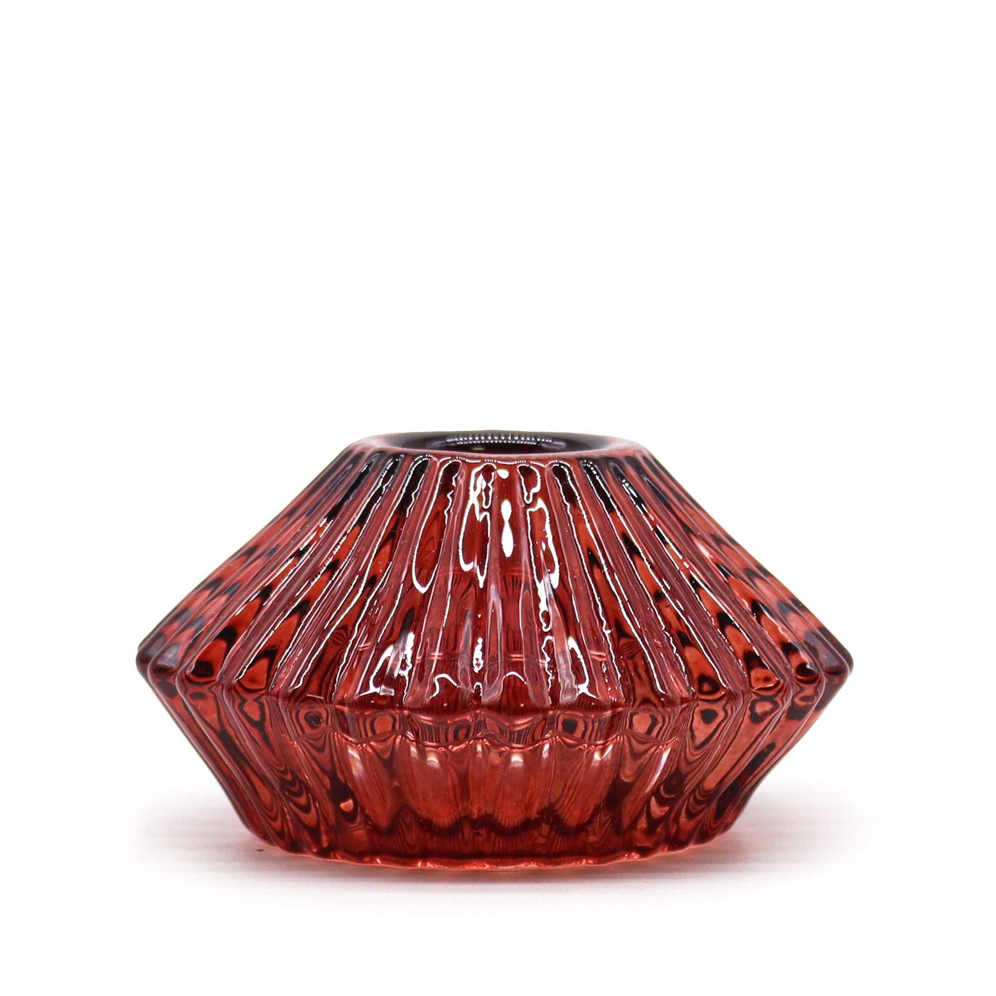 Dual-purpose vampire red glass holder shaped like a flower, suitable for both dinner candles and tealights.