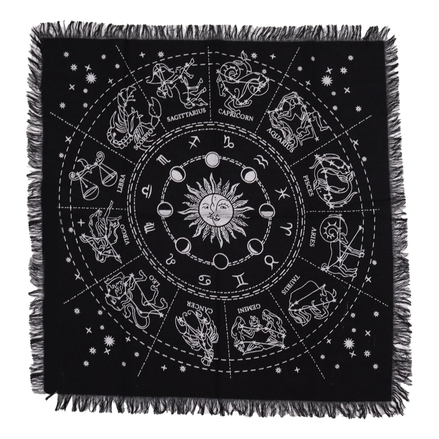 Square black altar cloth with white astrological horoscope wheel design and decorative fringed edges.