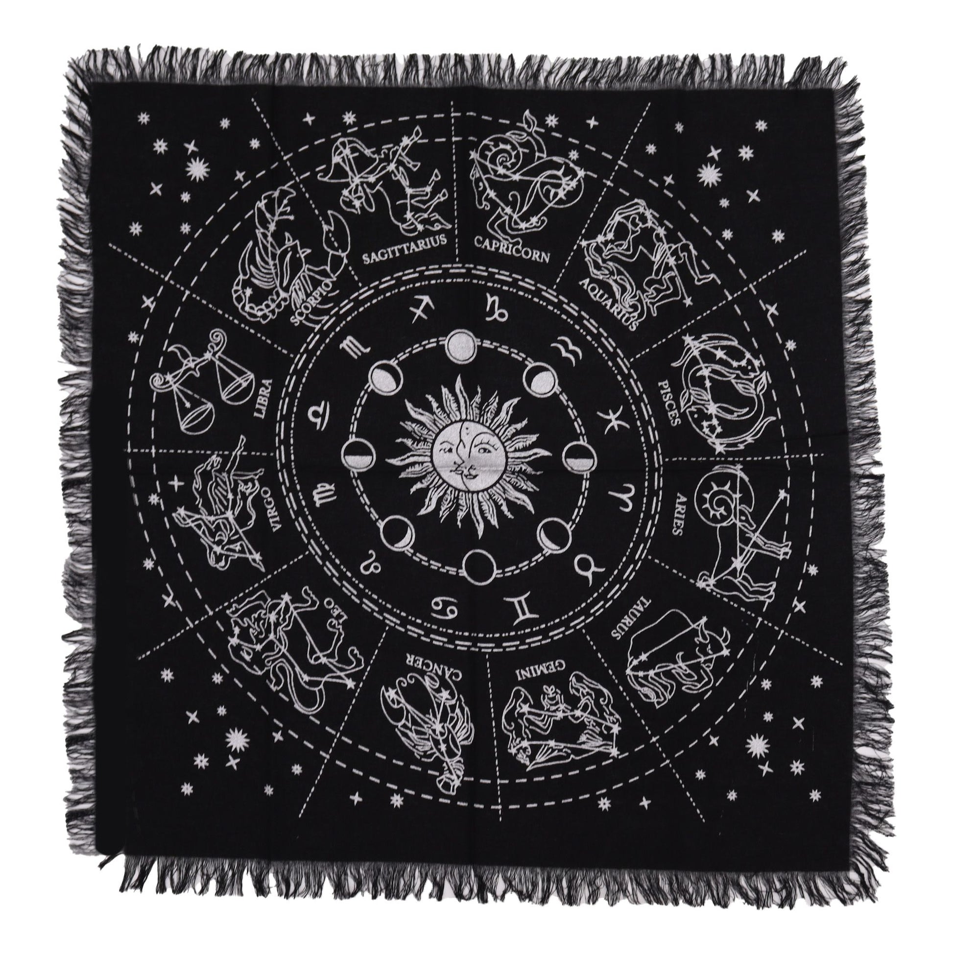 Square black altar cloth with white astrological horoscope wheel design and decorative fringed edges.