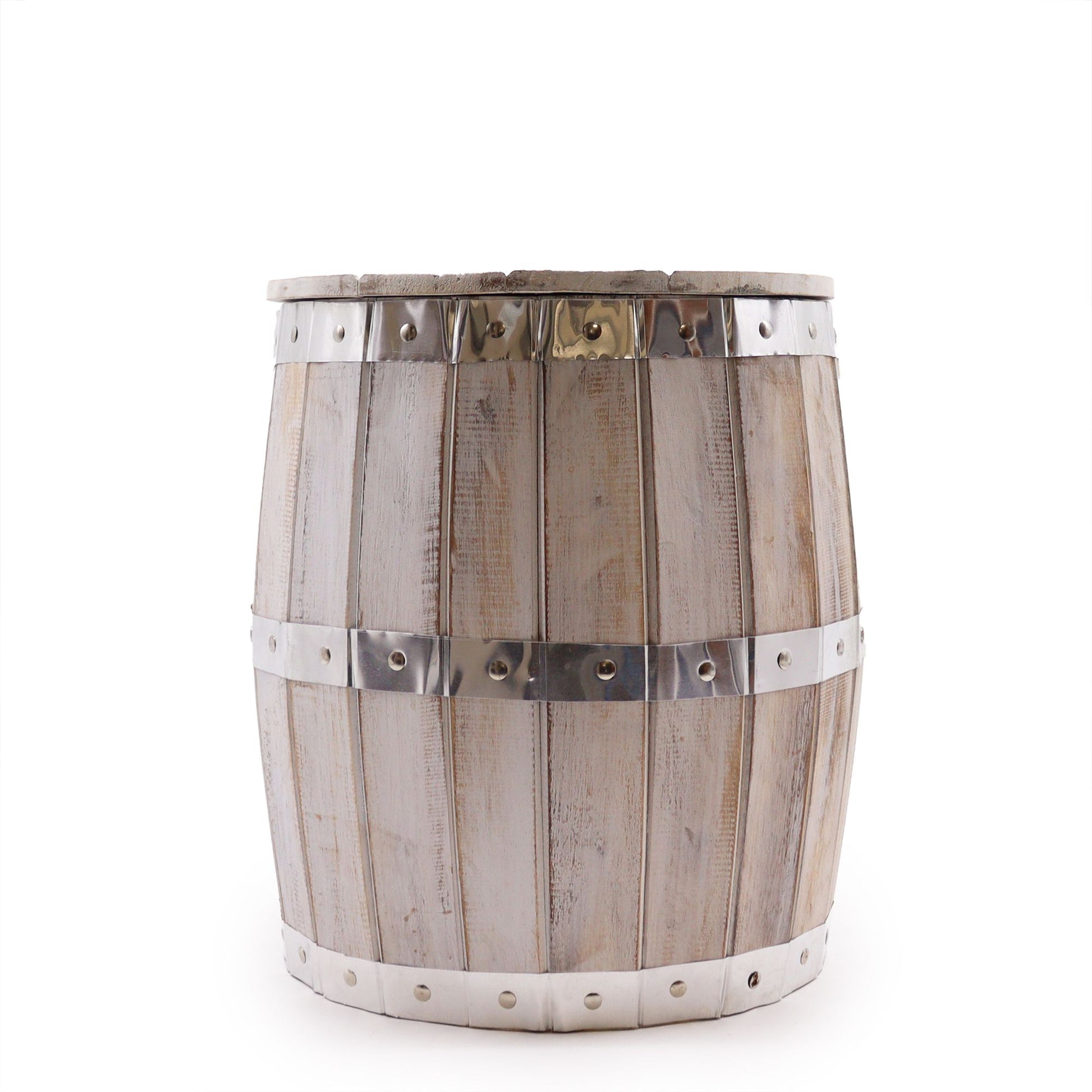 Rustic whitewashed wooden stool shaped like a beer barrel with metal band details and a circular seat.