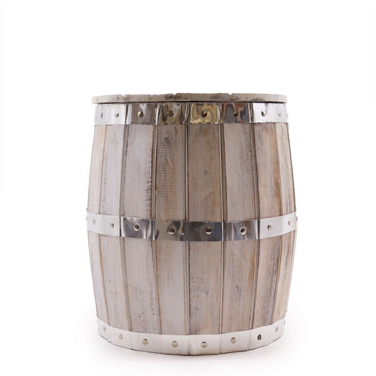 Rustic whitewashed wooden stool shaped like a beer barrel with metal band details and a circular seat.