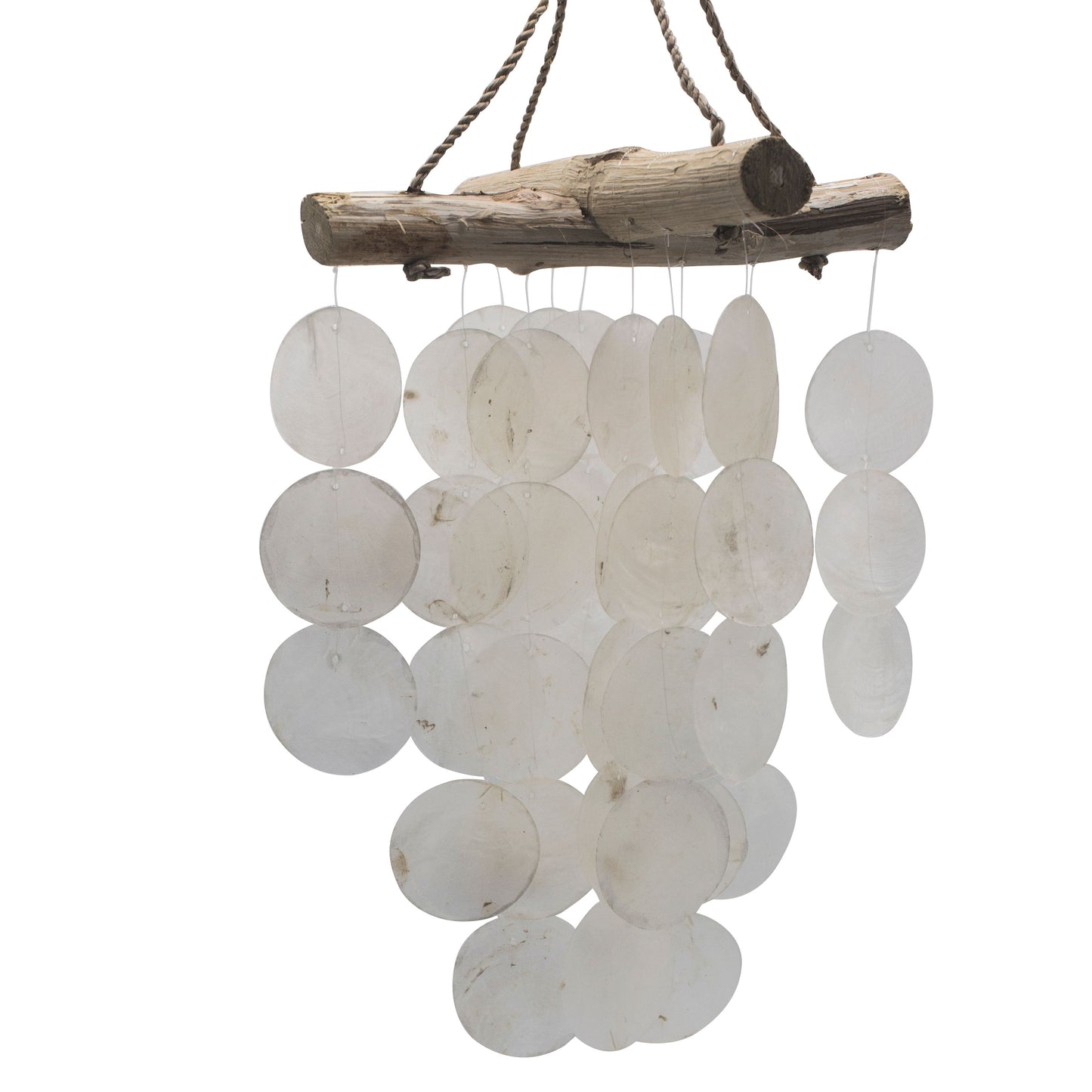 Handmade driftwood wind chime featuring a cross design with iridescent pearl-effect capiz shells.