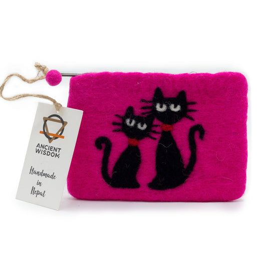 Handmade natural grey felt zipper pouch featuring two cute black and white cat silhouettes.