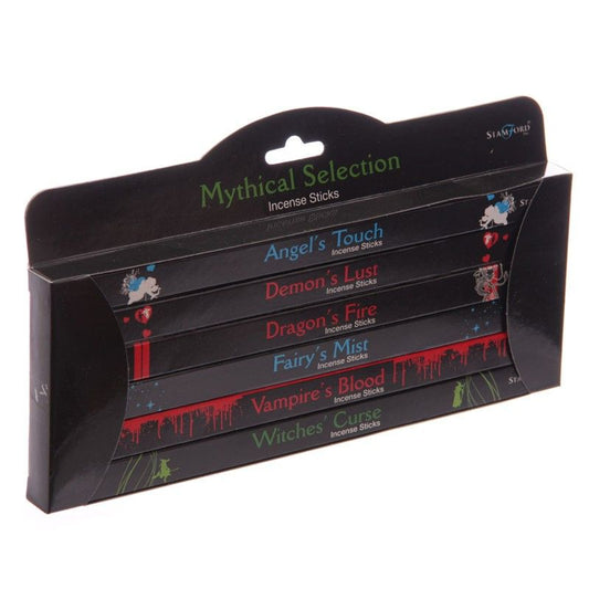 A collection of premium black incense stick packs in a gift box with traditional Indian botanical illustrations.