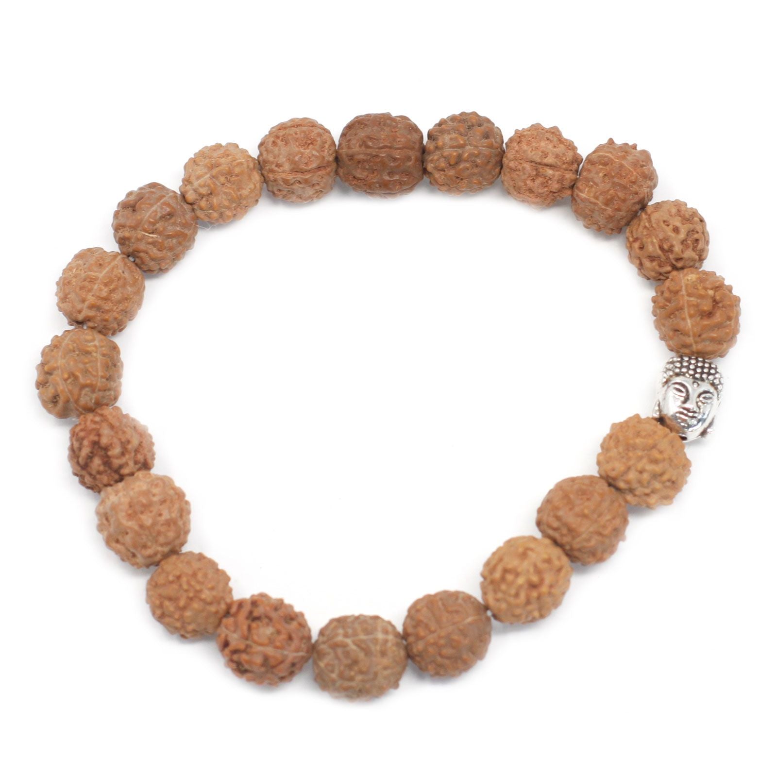 Natural brown Rudraksha seed bangle featuring 20 textured beads and a small Buddha head charm on an elasticated cord.