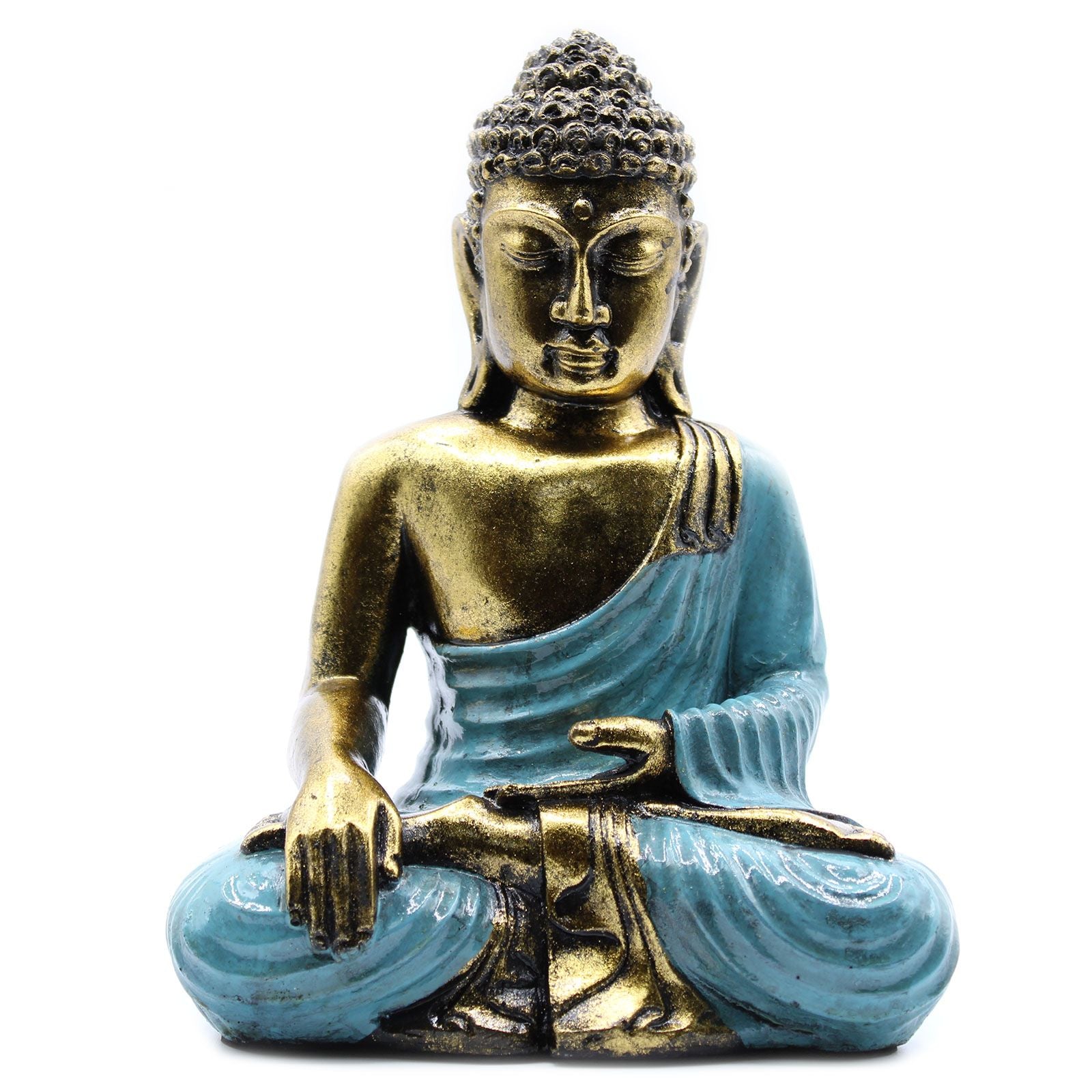 Large hand-painted resin Buddha statue in teal and gold, depicting the Varada Mudra symbolic hand gesture.