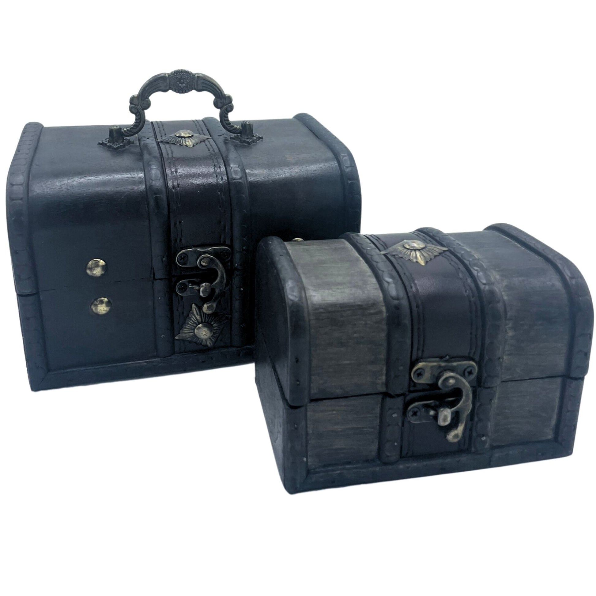 Two vintage-style wooden treasure chests in a matte grey finish with decorative metal clasps and stud detailing.