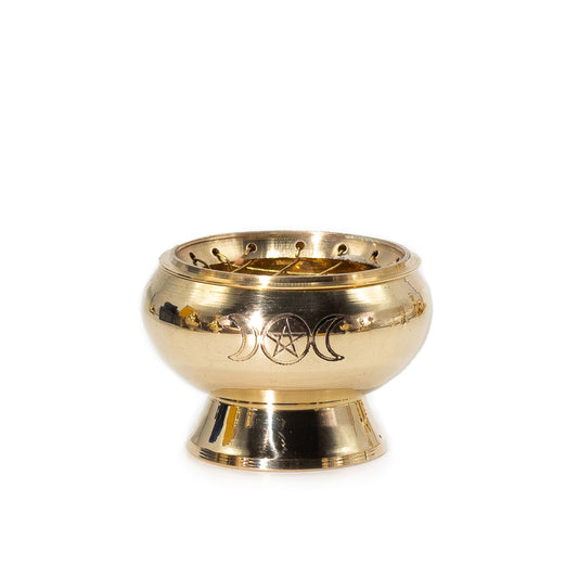 Handmade solid brass incense jar engraved with a Triple Moon Pentagram symbol and a removable mesh lid.
