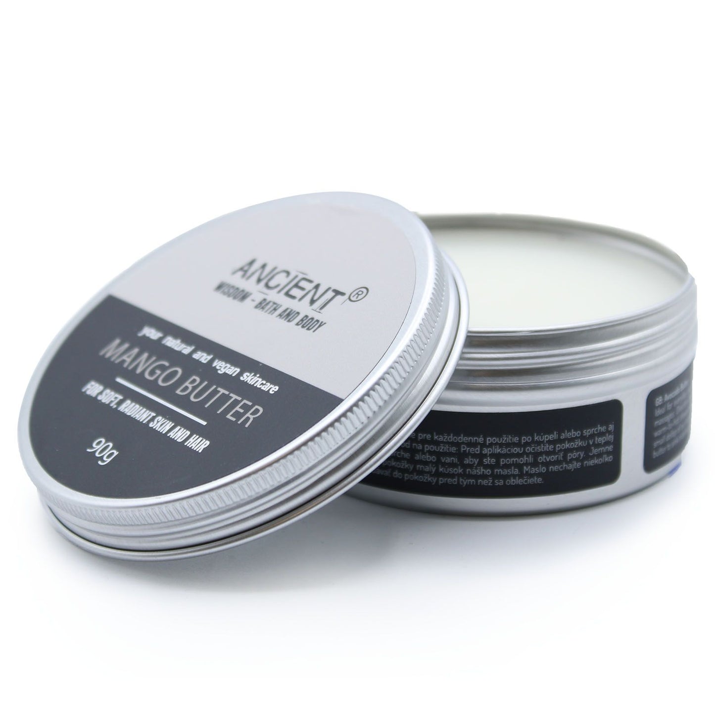A 90g jar of smooth, creamy yellow mango body butter for intensive skin hydration and natural skincare.