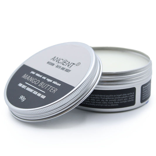 A 90g jar of smooth, creamy yellow mango body butter for intensive skin hydration and natural skincare.