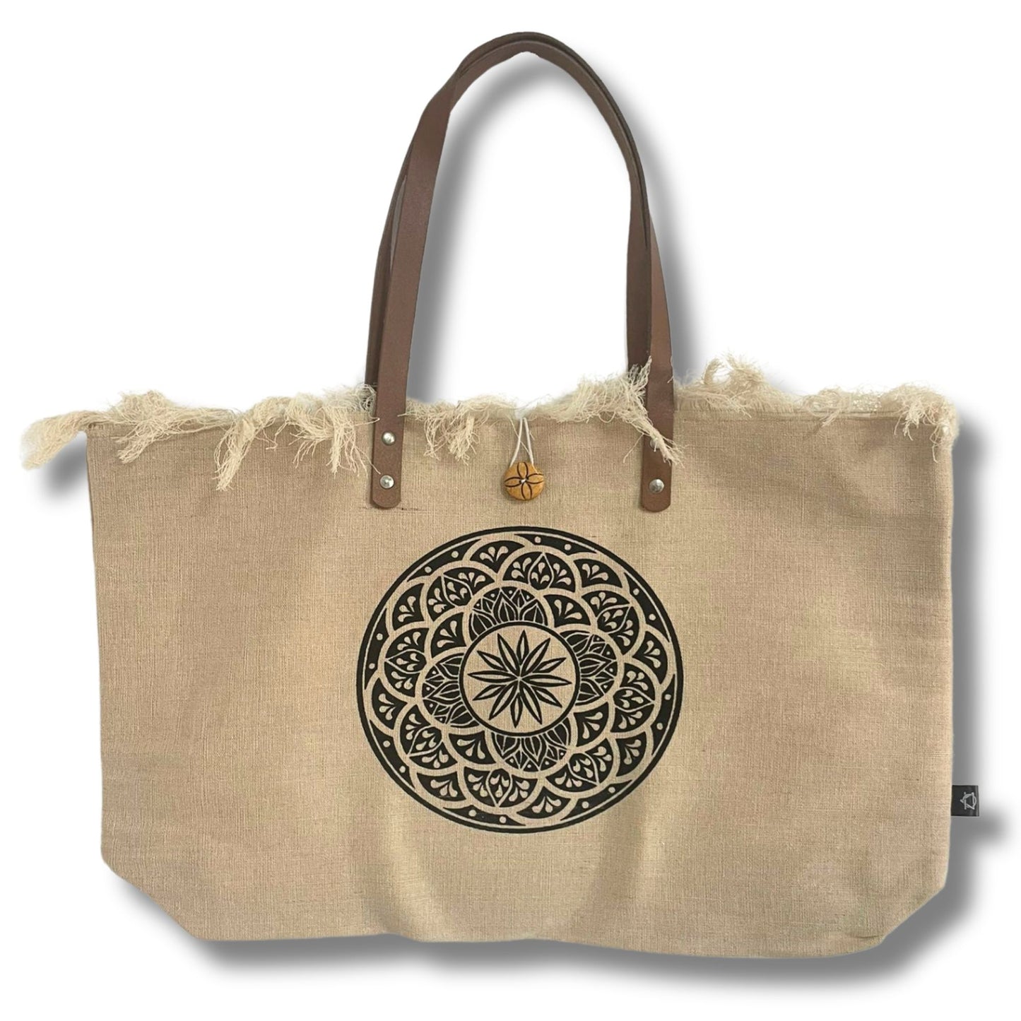 Eco-friendly natural fabric tote bag featuring a Mandela design and sturdy brown leather handles.