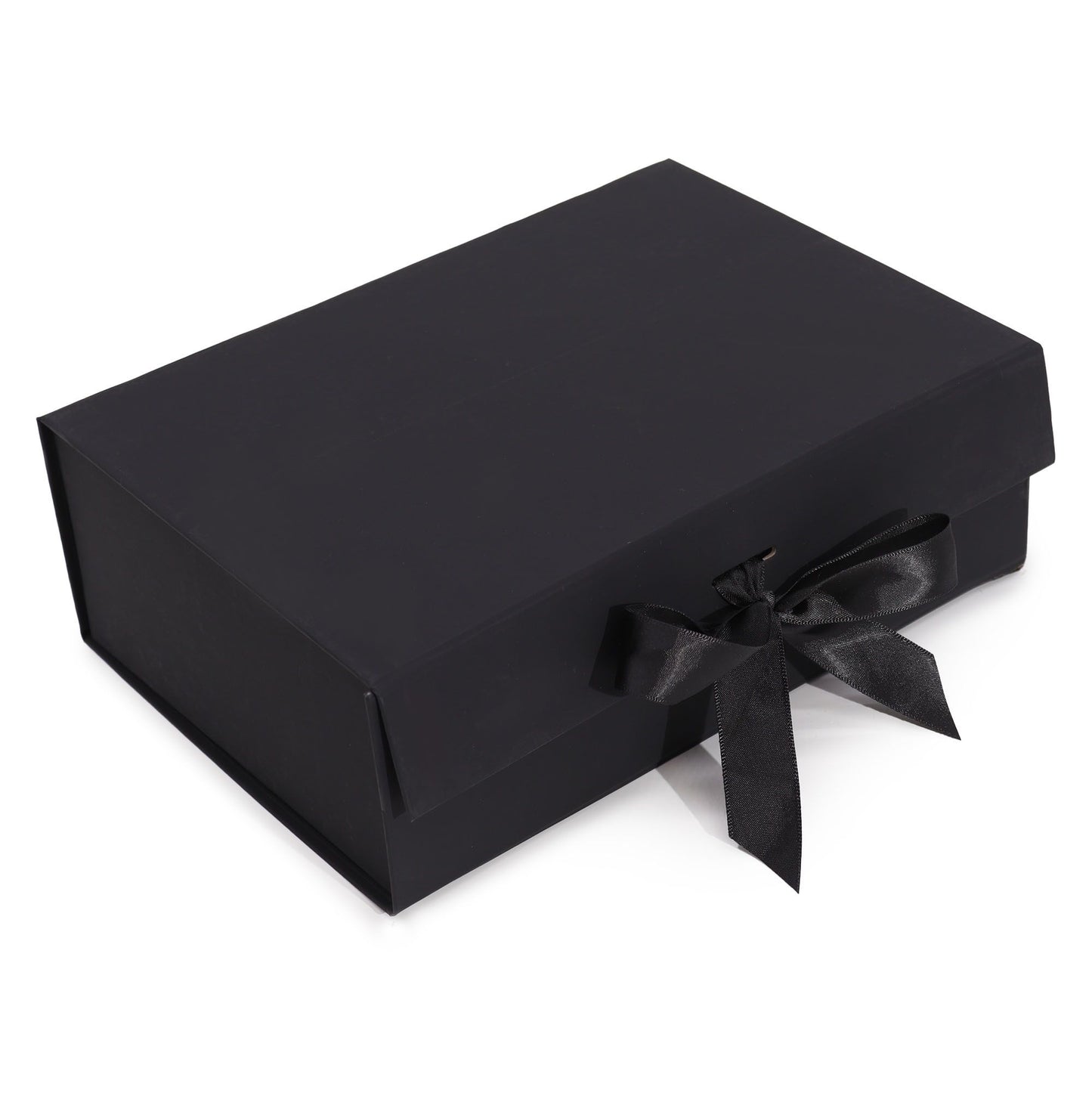 Large rectangular black flat pack gift box shown unassembled on a neutral background.