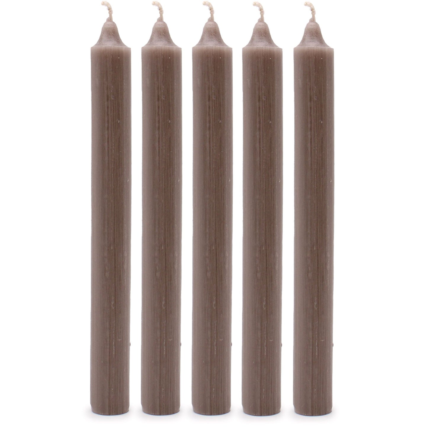Five tall, slender hand-drawn dinner candles in a muted rustic taupe shade, arranged together.