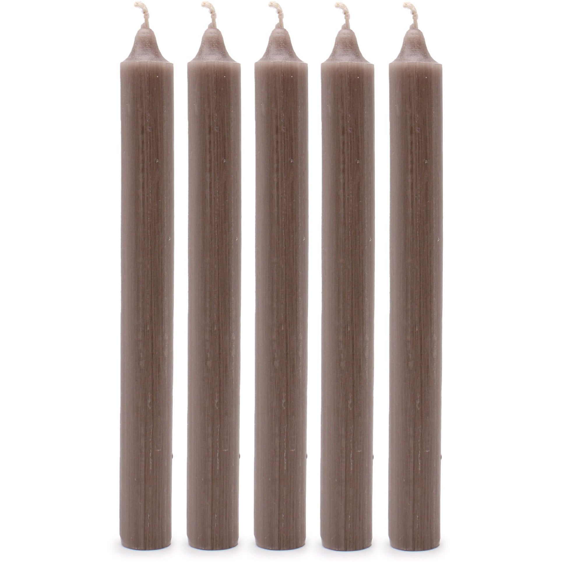 Five tall, slender hand-drawn dinner candles in a muted rustic taupe shade, arranged together.