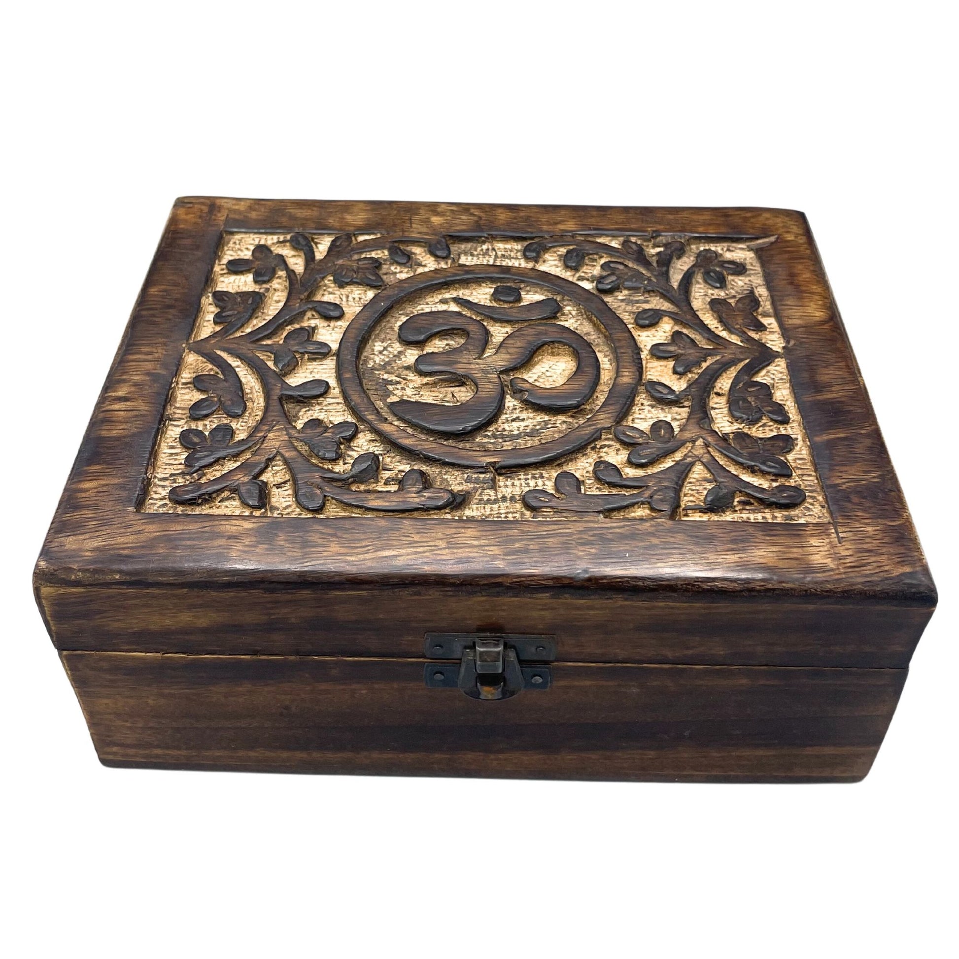 Hand-carved rectangular wooden keepsake box featuring a detailed Om symbol on the lid with traditional artisan patterns.