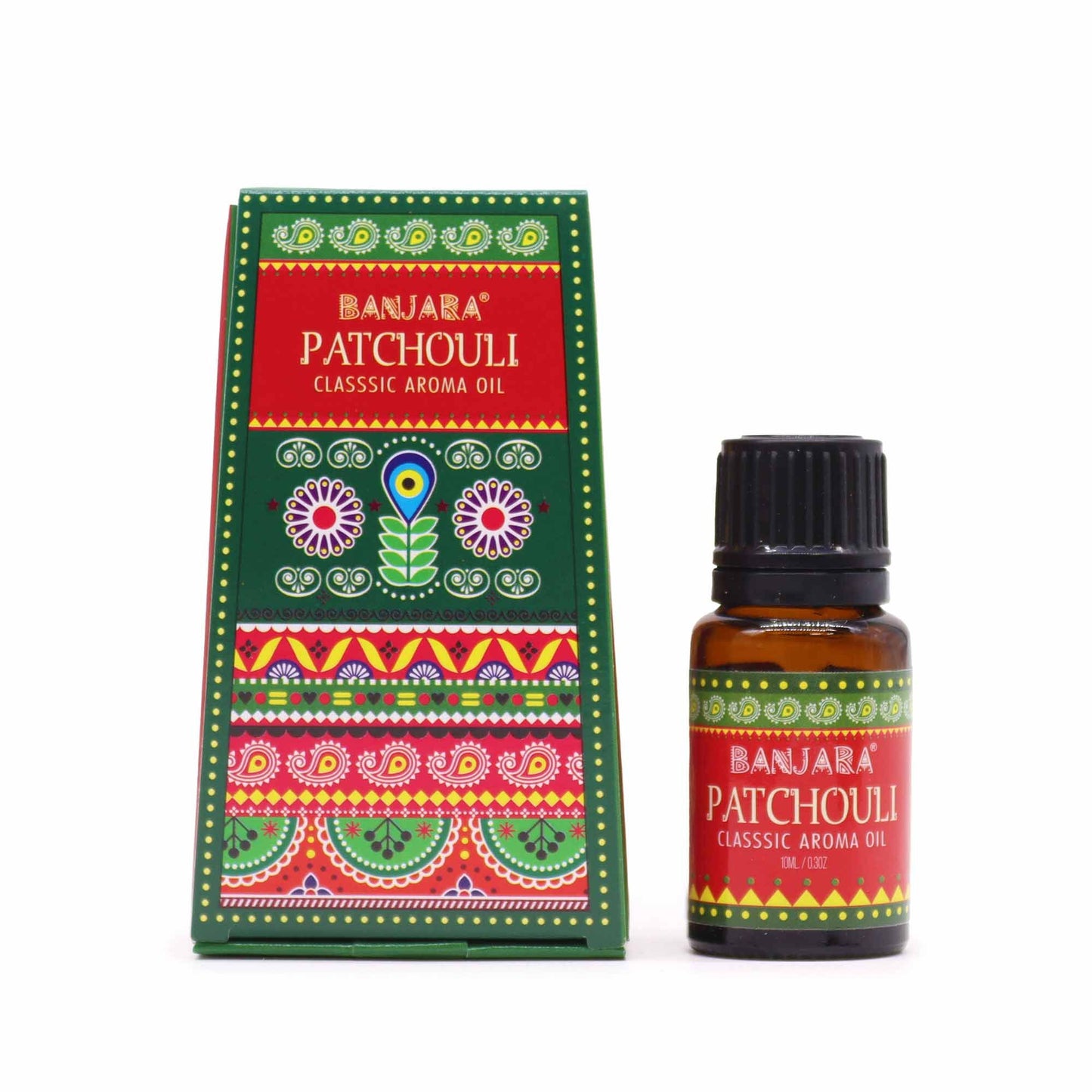 A small amber glass bottle of patchouli fragrance oil with a dark dropper cap against a plain background.