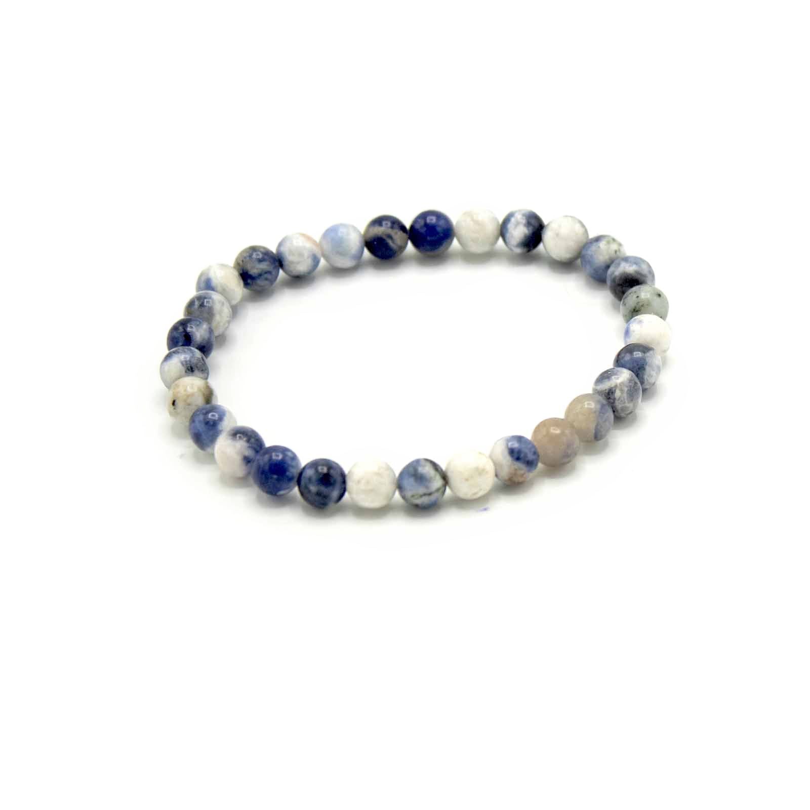 Blue and white marbled Sodalite gemstone manifestation bracelet with polished round beads on a stretch cord.