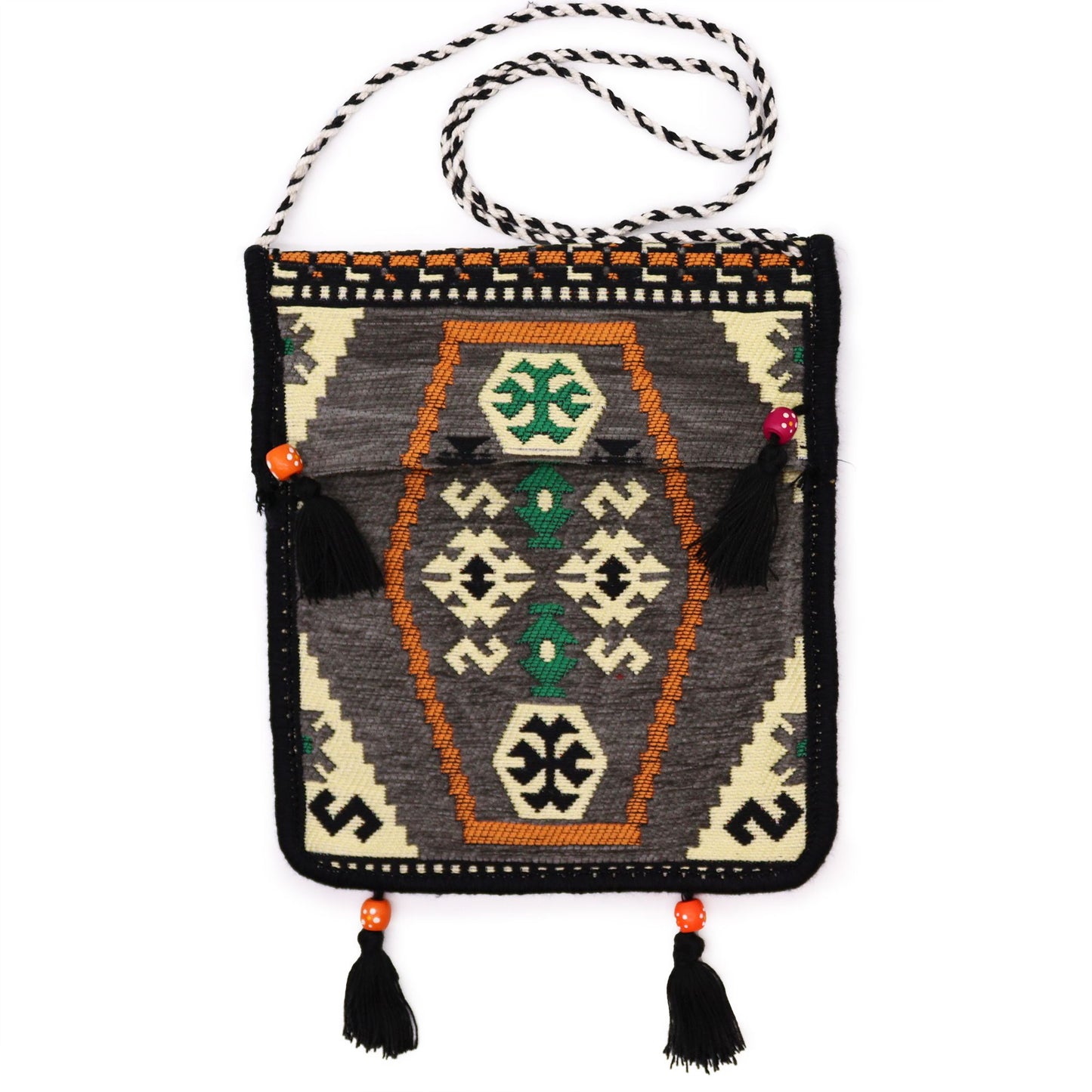 Handcrafted pale grey kilim messenger bag with intricate geometric woven patterns and a long shoulder strap.