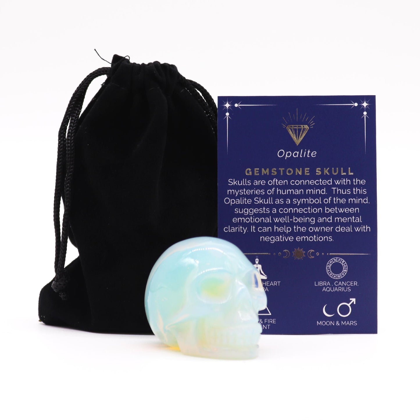 Large iridescent opalite gemstone skull with a smooth polished finish and subtle blue and gold highlights.