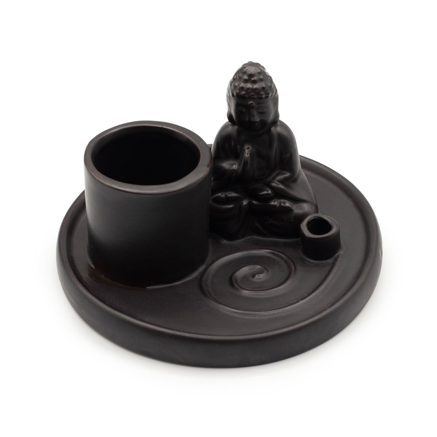 Minimalist matt black ceramic incense plate featuring a seated Buddha in a prayer pose on a circular base.