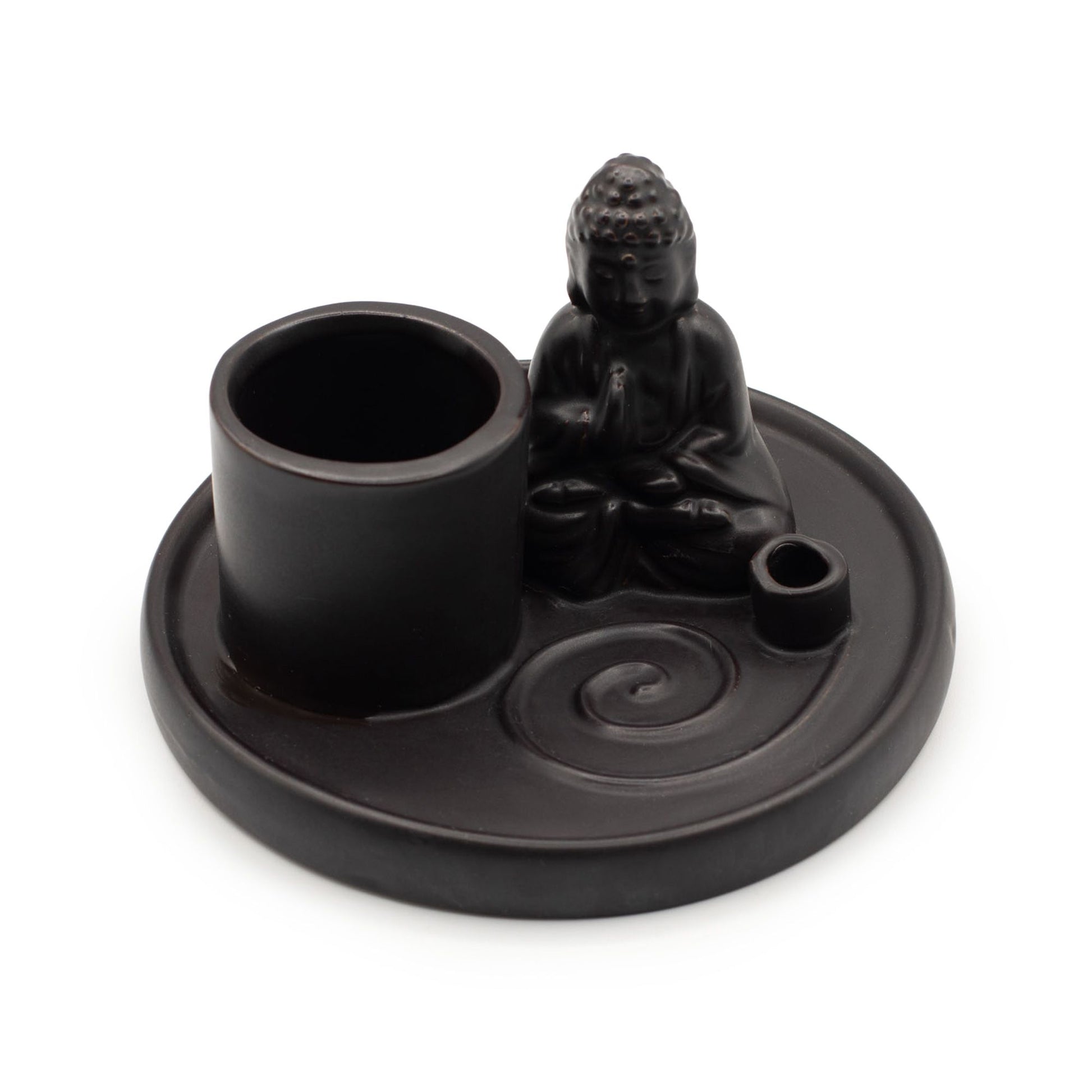 Minimalist matt black ceramic incense plate featuring a seated Buddha in a prayer pose on a circular base.