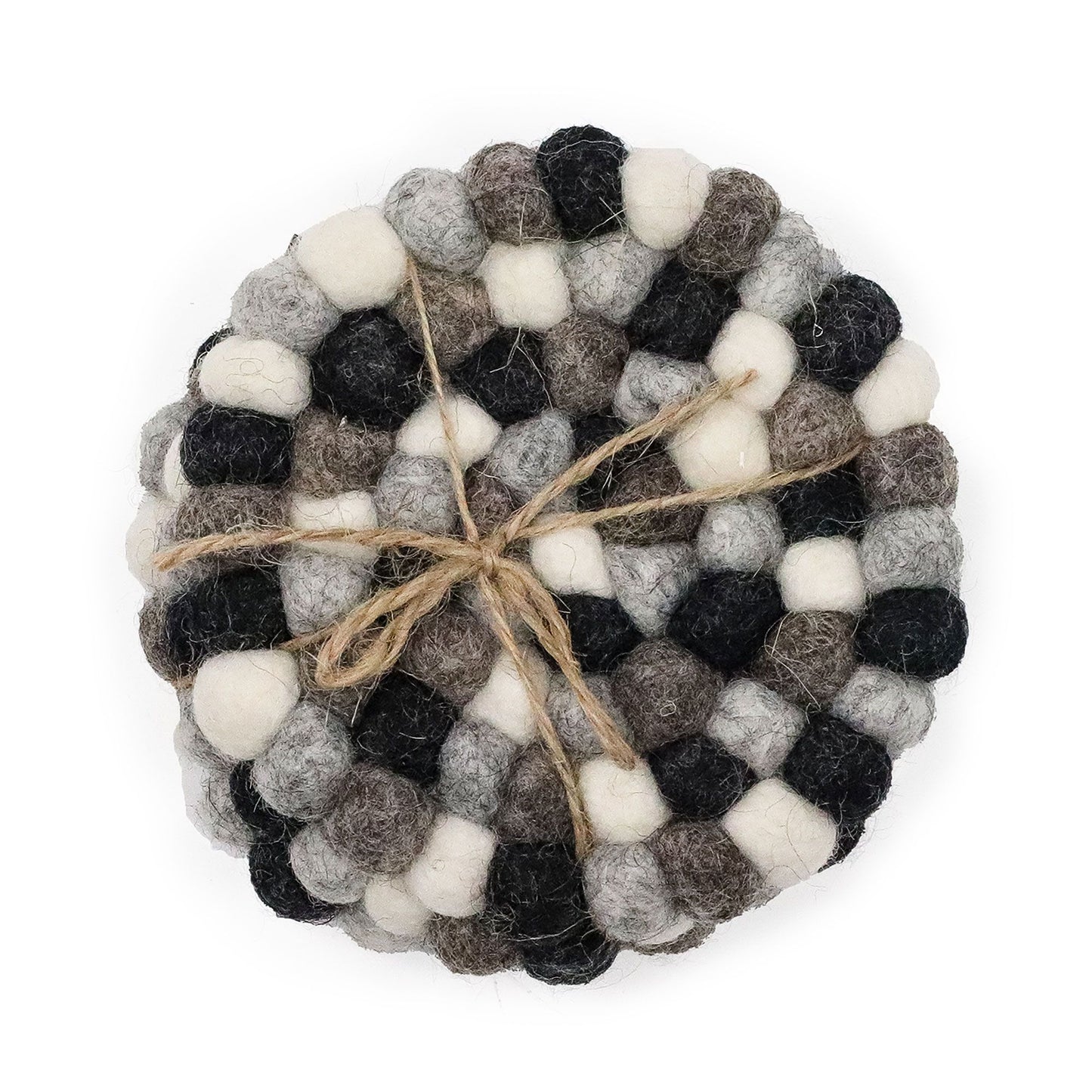 Set of four round coasters handcrafted from individual wool felt balls in various shades of grey.