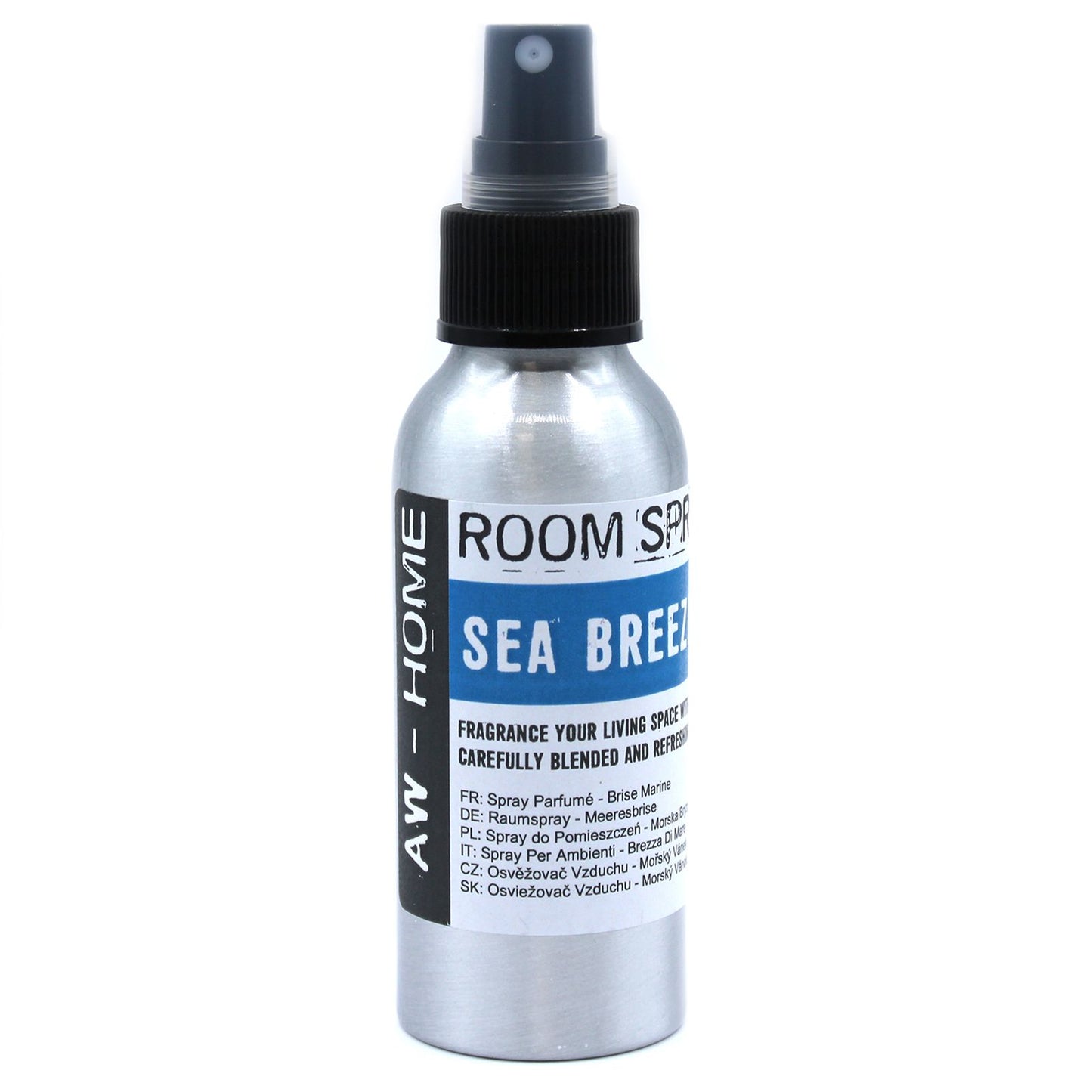 Clear 100ml glass bottle of Sea Breeze room spray with a silver pump spray nozzle.