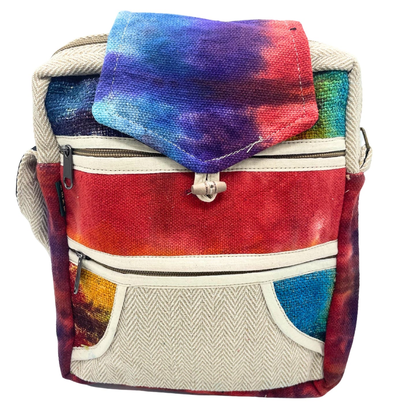 Vibrant tie-dye hemp messenger bag with two front zip pockets and a protective top flap.