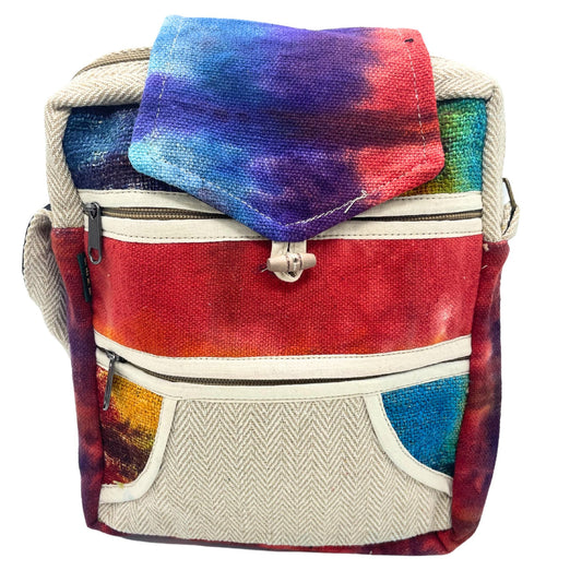 Vibrant tie-dye hemp messenger bag with two front zip pockets and a protective top flap.