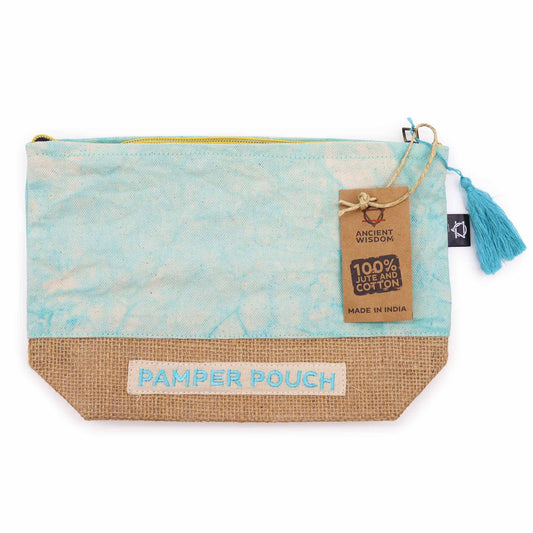 Soft blue stonewashed fabric drawstring pouch designed for holding pamper and wellness essentials.