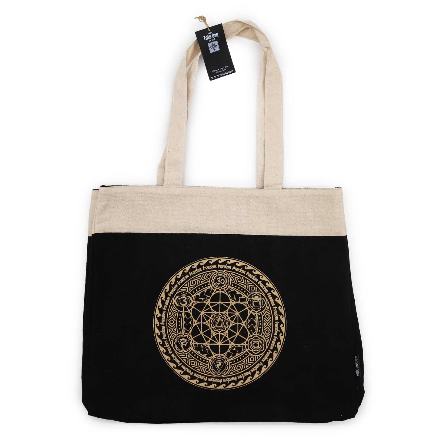 Large chocolate brown stonewash cotton tote bag with a golden seven chakra mandala design printed on the front.
