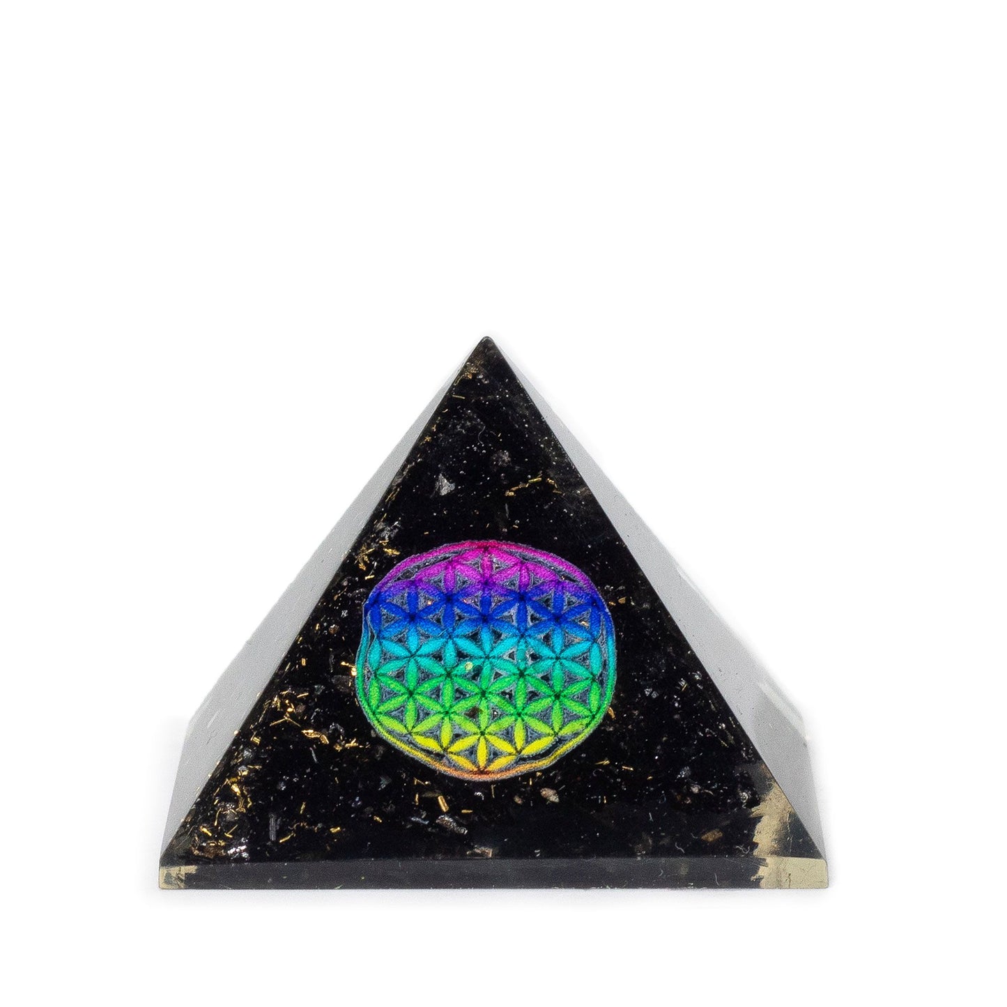 Small resin orgonite pyramid containing black tourmaline chips and a gold-tone Flower of Life sacred geometry symbol.
