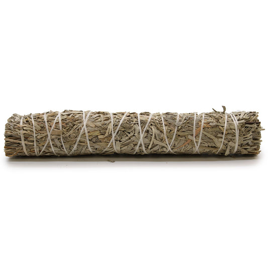 A large, tightly bound bundle of dried blue sage leaves for spiritual smudging and space clearing.