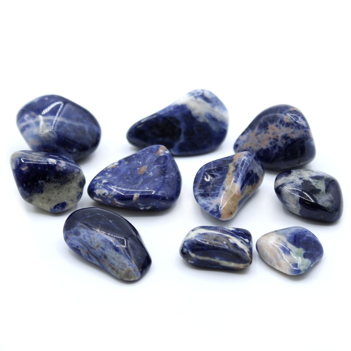 A smooth, highly polished large sodalite tumble stone featuring deep blue hues with characteristic white veining.