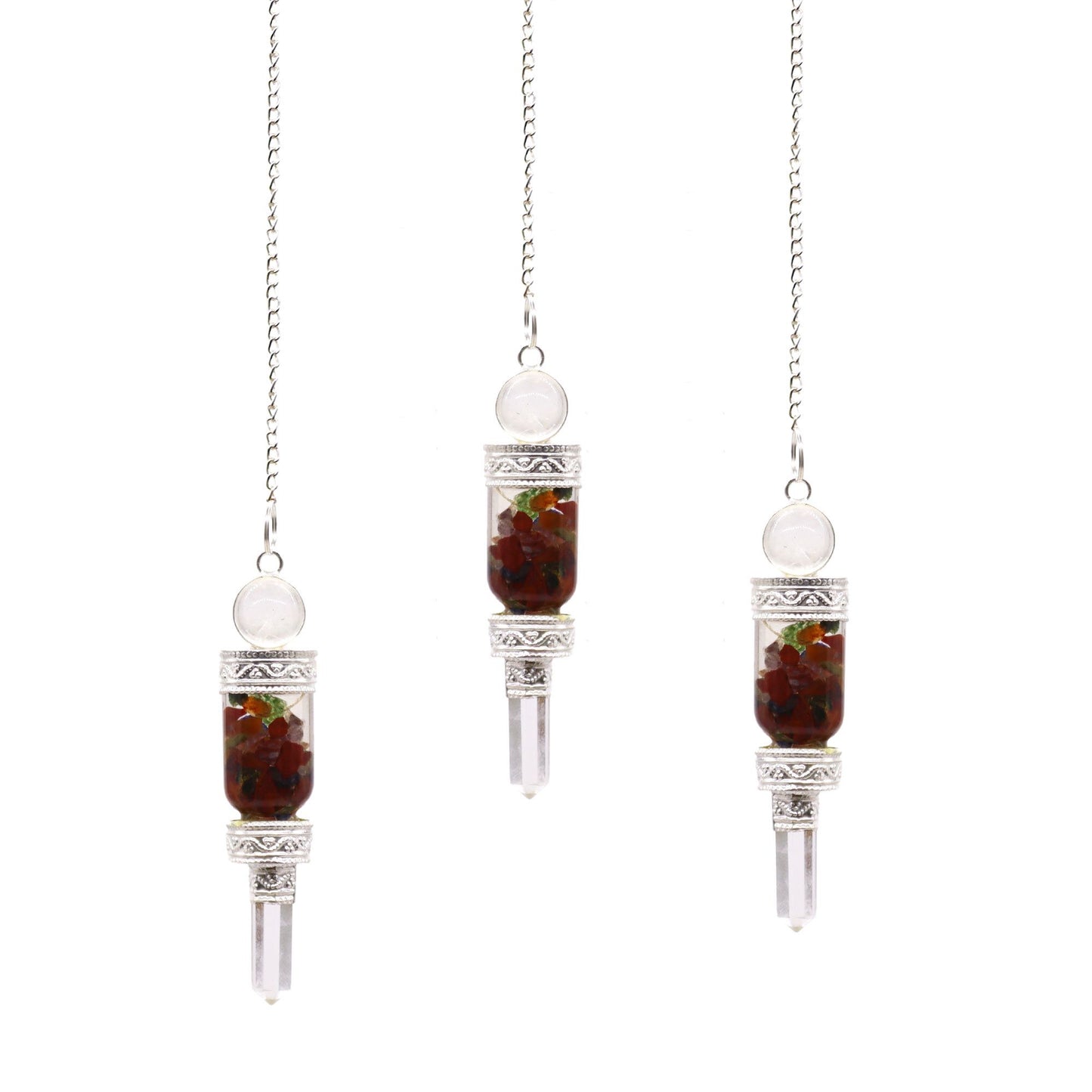 A multi-faceted crystal pendulum with a silver chain and a matching gemstone bead at the end for dowsing.