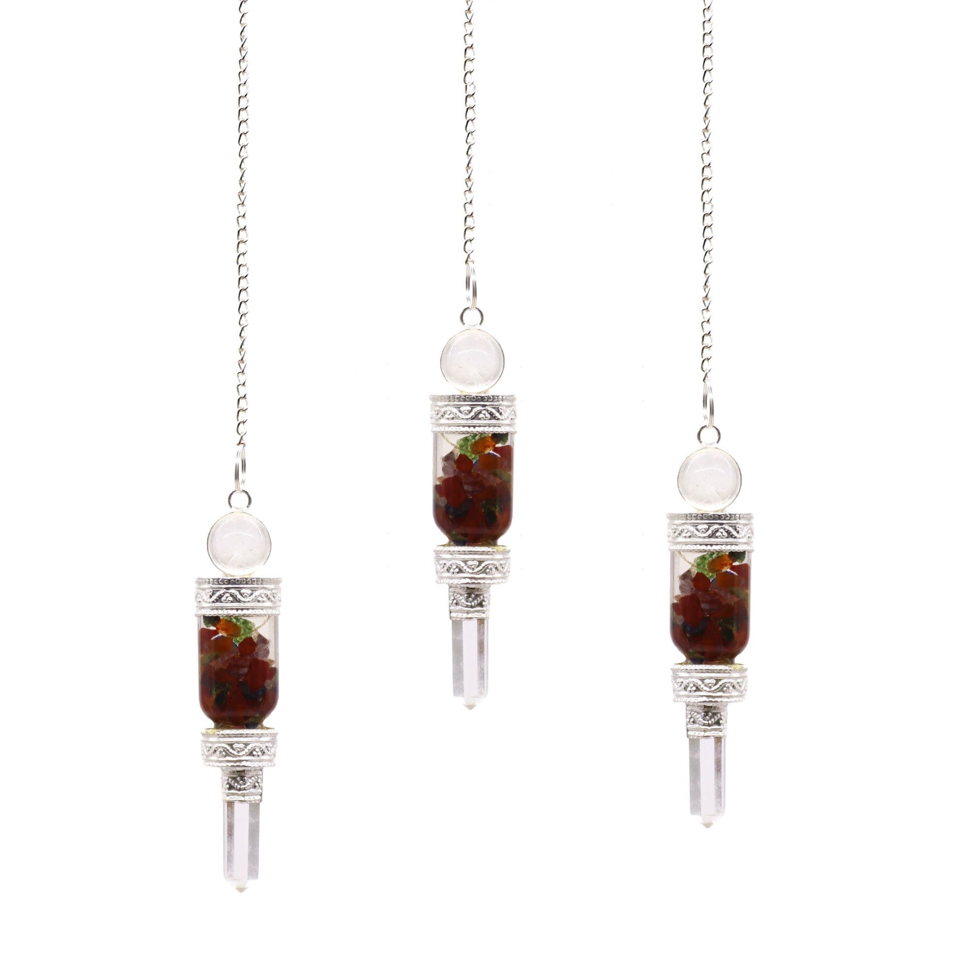 A multi-faceted crystal pendulum with a silver chain and a matching gemstone bead at the end for dowsing.