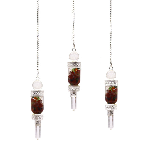 A multi-faceted crystal pendulum with a silver chain and a matching gemstone bead at the end for dowsing.