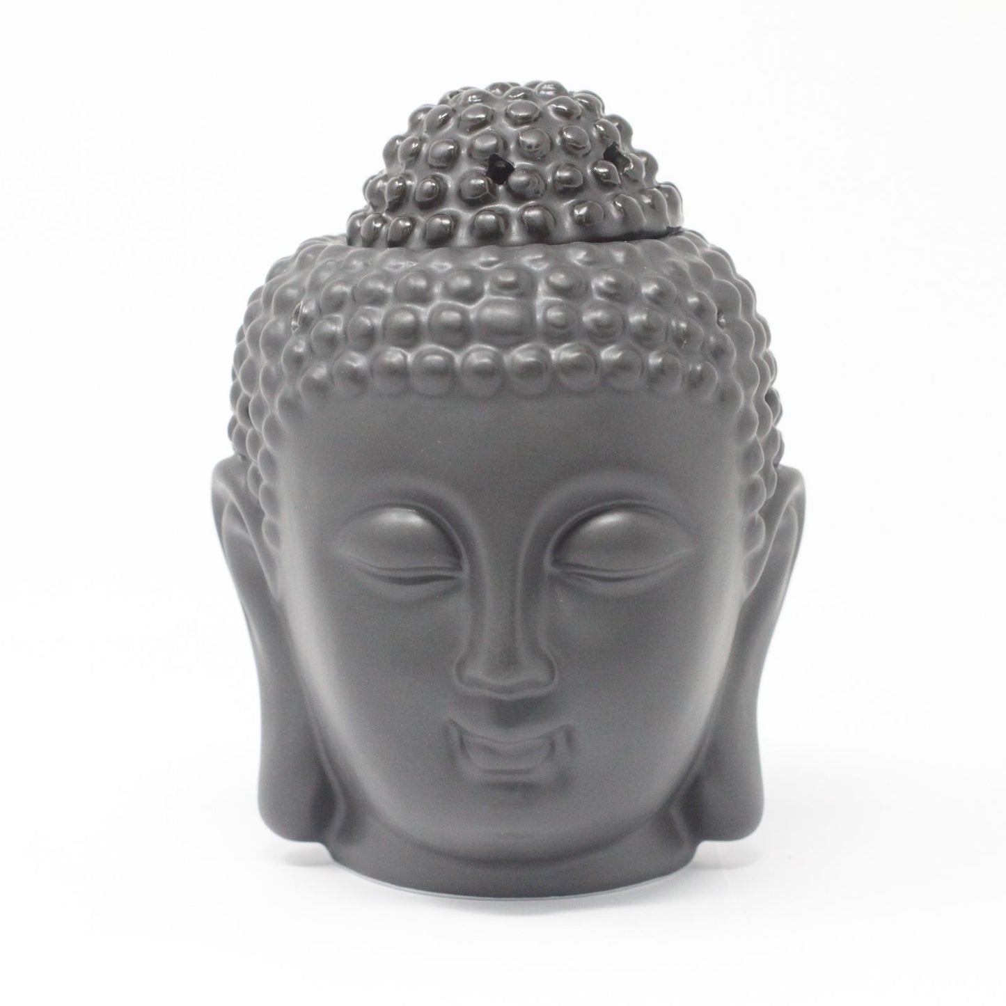 Dark brown ceramic Buddha head oil burner with decorative carvings and a gloss finish.