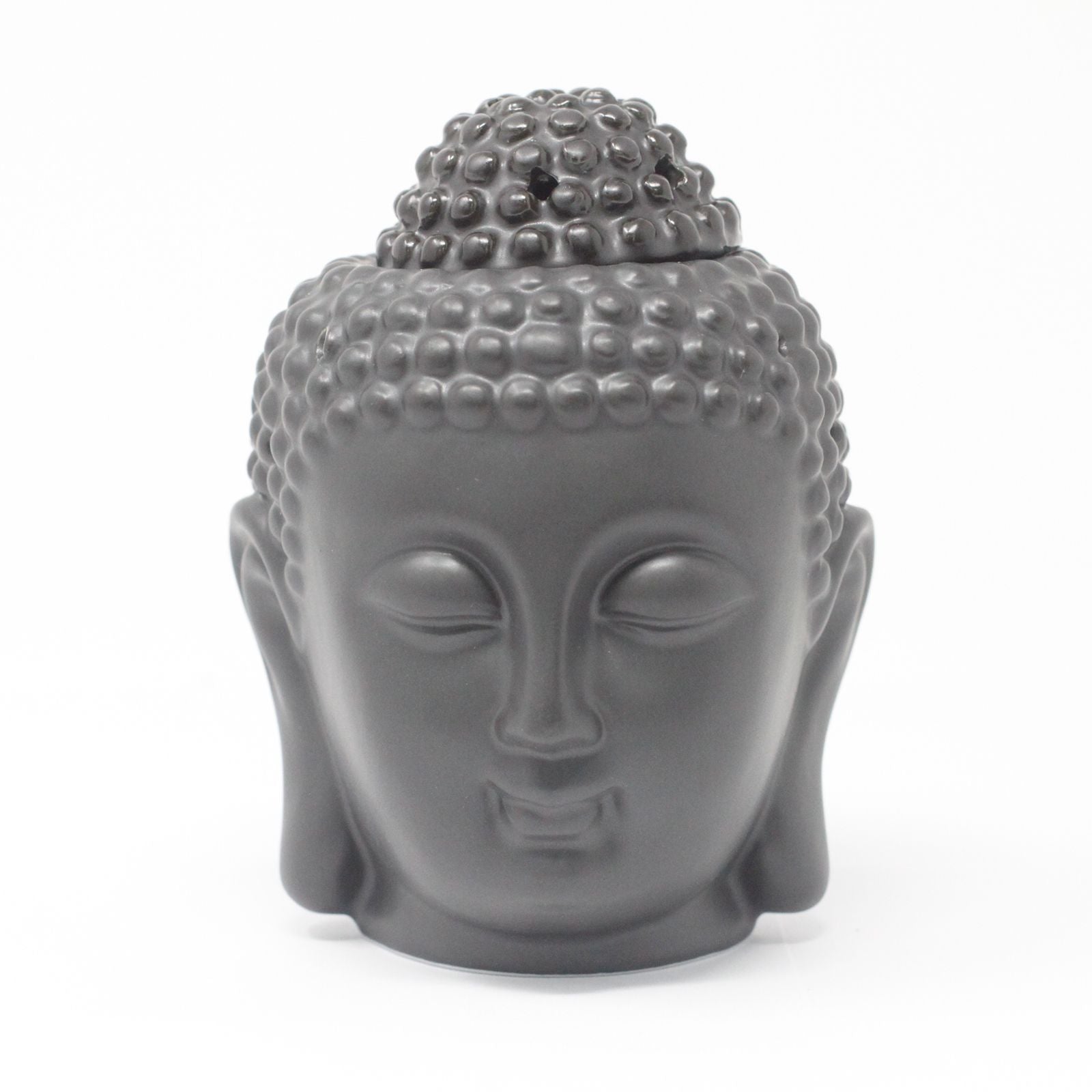 Dark brown ceramic Buddha head oil burner with decorative carvings and a gloss finish.